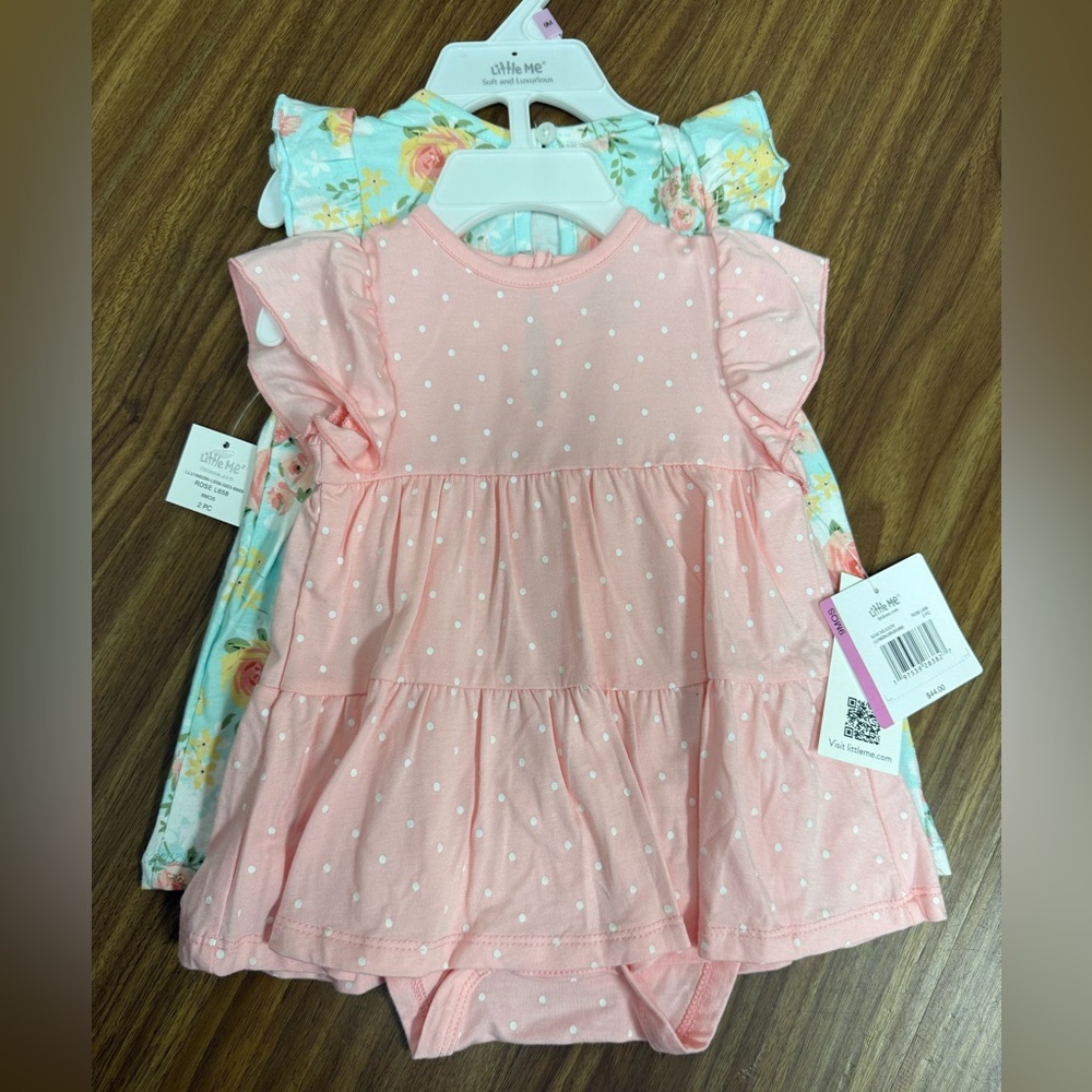 Little Me- Pink Polka Dot and Aqua Blue Flora Print Baby Dress- NWT